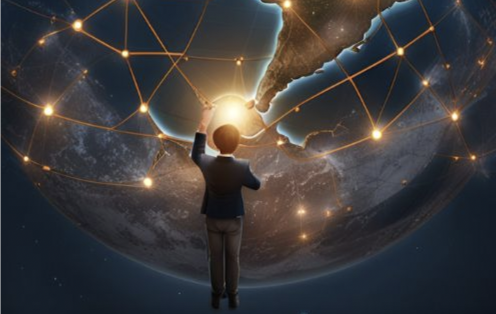 Illustration of a boy drawing global connections